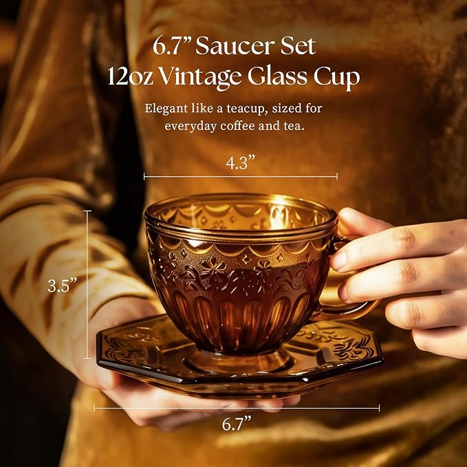 Vintage Glass Tea Cup and Saucer Set, 12 oz Large Coffee Cup | Handcrafted - Image 4