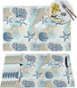 Placemats Set of 6 Aqua Blue Nautical Place Mats Coastal Beach Theme Coral Starfish Woven Table Mats Washable Blue Coral PVC Placemat for Dining Kitchen Decor Indoor Outdoor, 12 x 18 Inch