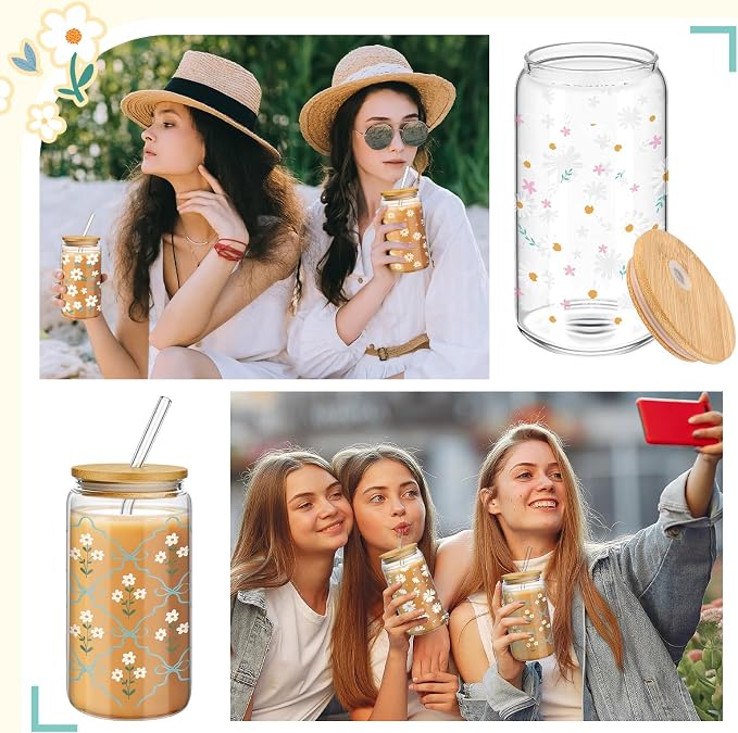Mumufy 4 Pack Wildflower Glass Cups Gift Aesthetic Cute Glass Cup Tumbler - Image 7