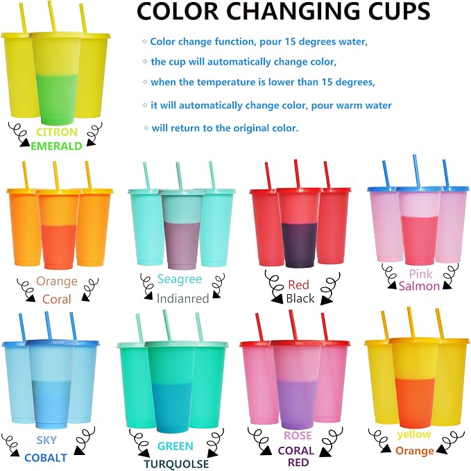 Color Changing Cups, 9 Pack 24oz Plastic Tumblers, Reusable Iced Coffee & - Image 3