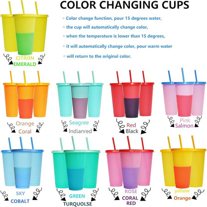 Color Changing Cups, 9 Pack 24oz Plastic Tumblers, Reusable Iced Coffee & - Image 3