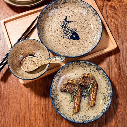 4-Piece Ceramic Dinnerware Set, Plate, Dish, Bowl, Spoon, Japanese Hand-painted Tableware set, A Good Tableware (Yule)