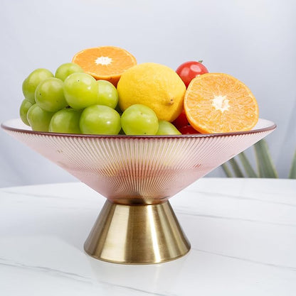 Tapered Glass Decorative Bowl (Pink), 9.8 Inches Handblown Striped Design Fruit Bowl with Rust-Resistant Metal Base for Home Decor, Table Centerpiece, Kitchen Island and Dining Decor