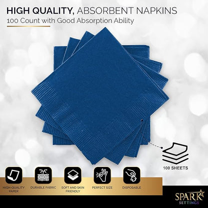 100 Pack Royal Blue Beverage Napkins, Big Party Pack, 2 Ply, Ideal for Wedding, Party, Birthday, Dinner, Lunch, Cocktails. (5” x 5”) by Amcrate