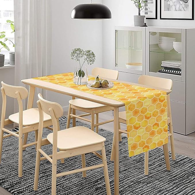 Honeycomb Bee Table Runner, Cute Abstract Geometric Yellow Honeycombs Print - Image 2