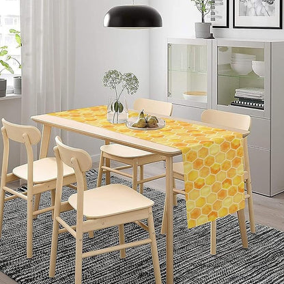 Honeycomb Bee Table Runner, Cute Abstract Geometric Yellow Honeycombs Print - Image 2