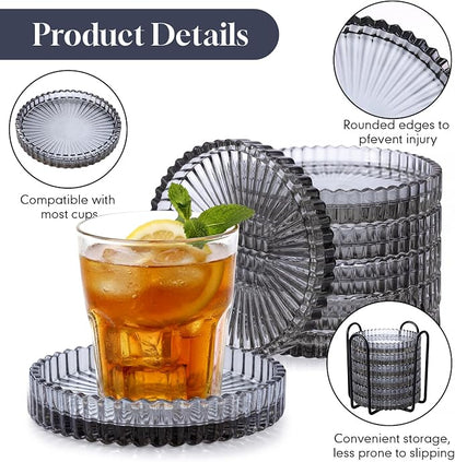 6 Pcs Glass Coasters with Holder Clear Drink Coasters Crystal Round Beverage - Image 3