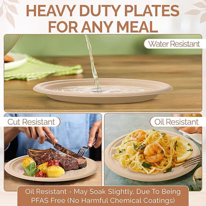 Heavy Duty Eco-Friendly PFAS-free Compostable Plates, Disposable Plates - Sugarcane Party Plates | 100% Bagasse Biodegradable (75, Natural, 10")