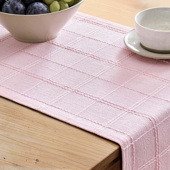 Linen Checked Farmhouse Table Runner, 13x36 Inches Pink | Raised Grid Design - Image 5
