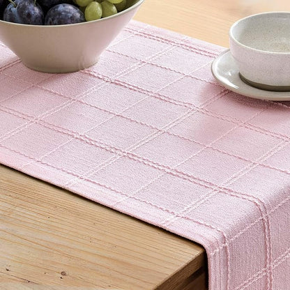 Linen Checked Farmhouse Table Runner, 13x36 Inches Pink | Raised Grid Design - Image 5