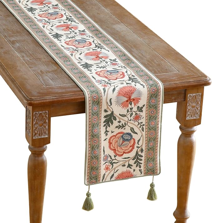 Designer Vintage Linen Long Table Runner, Floral Pattern, Dining Table by Isaennehomedecoration