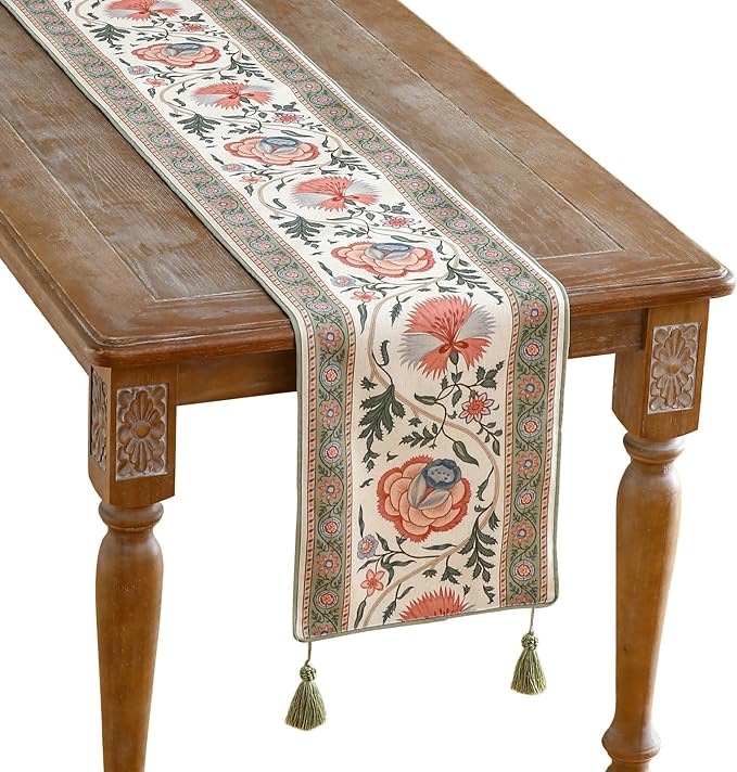 Designer Vintage Linen Extra Long Table Runner, Floral Pattern, Dining Table by Isaennehomedecoration