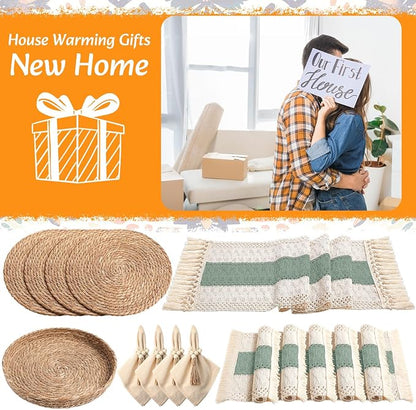 4 Sets Boho Decoration Placemats Round Woven Placemats, Cloth Napkins, Wood - Image 7