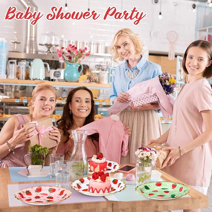 60 Pcs Strawberry Party Plates Berry First Birthday Disposable Flower Shaped Paper Plates 7 Inch Summer Fruit Dessert Dishes for Birthday Wedding Baby Shower Bachelorette Party Supplies