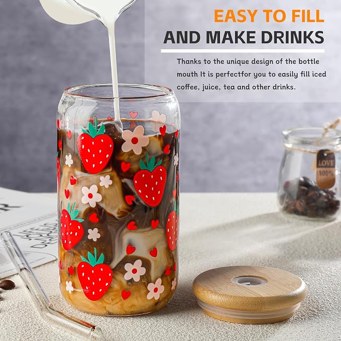 Glass Cups with Lids and Straws with Design Strawberry 4 pcs, Glass Tumbler - Image 5