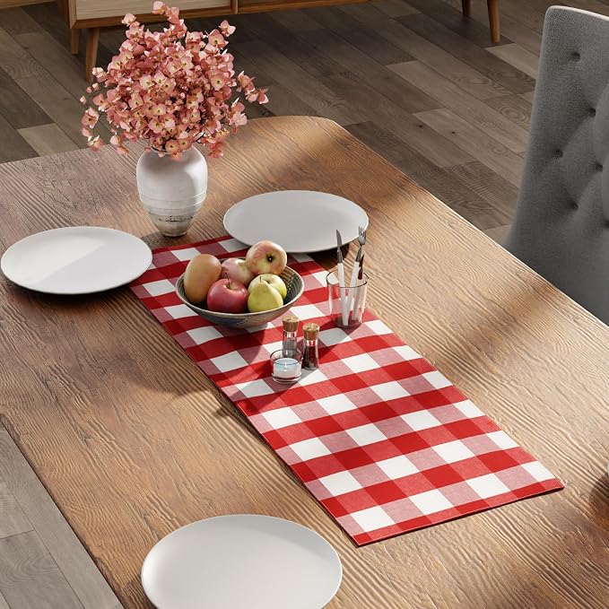 Encasa XO Table Runner, Woven Cotton Dining Runner 13"x36" | Buffalo Red Checks - Image 3