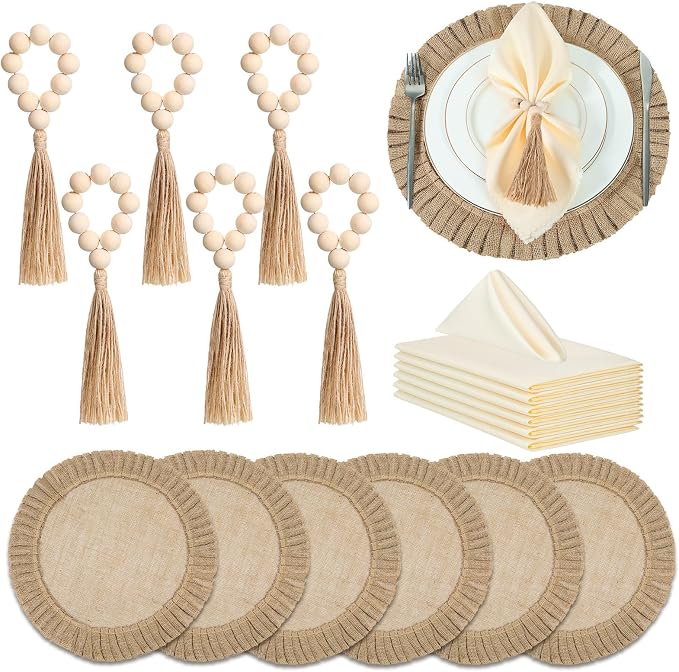 Gejoy 18 Pcs Round Burlap Placemats Wood Bead Napkin Rings by Gejoy
