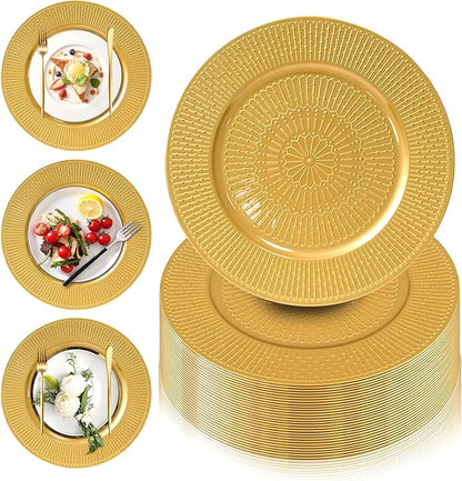 PROY 50 Pcs Gold Charger Plates Bulk, 13 Inch Beaded Gold Chargers for Dinner Plates Plastic Reusable Round Charger Platters for Table Setting, Wedding, Party, Event