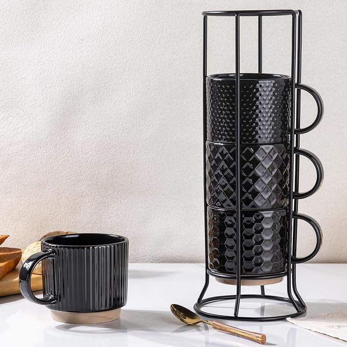 GBhome 12 OZ Stackable Coffee Mugs Set of 4, Ceramic Black Coffee Cups Set | by GBhome
