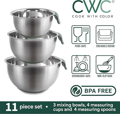 COOK WITH COLOR Stainless Steel Mixing Bowls Set and Measuring Cups- Nesting Bowls with Non-Slip Bottom and Easy-Grip Handles, Sage, 11 Pieces