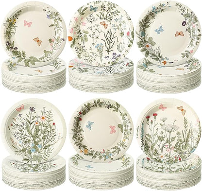 Umigy 120 Pcs Summer Wild Floral Paper Plates 7 Inch Party Plates, Flower and Butterfly Dinner Tableware Watercolor Flower Tea Party Dessert Tableware for Birthday Wedding Baby Shower Bridal Shower