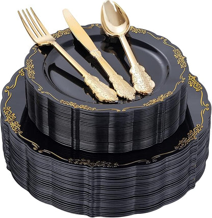 DaYammi 150Pcs Black Gold Plastic Plates & Plastic Silverware,Black Disposable Plates for Party Include 30 Dinner Plate,30 Dessert Plate,30 Knives,30 Forks,30 Spoons,black plates for Party Wedding