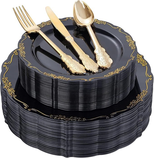 DaYammi 150Pcs Black Gold Plastic Plates & Plastic Silverware,Black Disposable Plates for Party Include 30 Dinner Plate,30 Dessert Plate,30 Knives,30 Forks,30 Spoons,black plates for Party Wedding