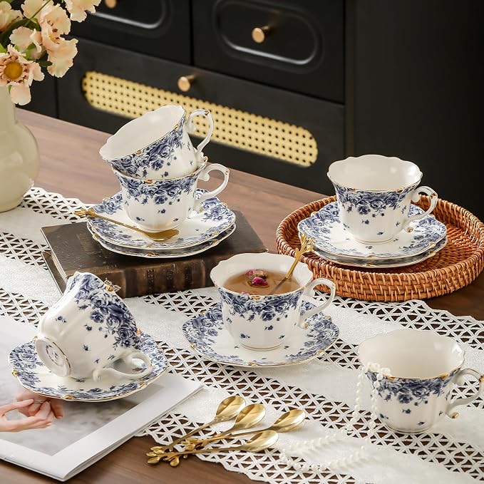 TATSUMI Country Roses Bone China Tea Cup and Saucer Set, 6 Pieces, Vintage Style - Image 3