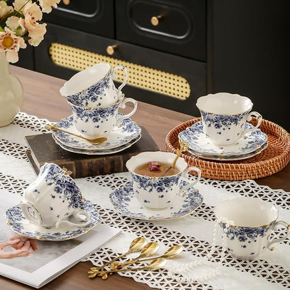 TATSUMI Country Roses Bone China Tea Cup and Saucer Set, 6 Pieces, Vintage Style - Image 3