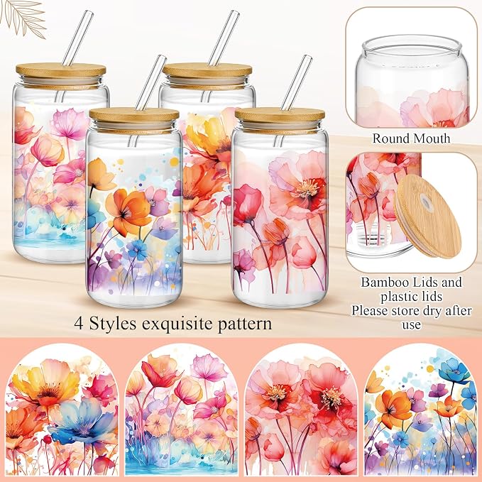 Mumufy 4 Pack Wildflower Glass Cups Gift Aesthetic Cute Glass Cup Tumbler - Image 3