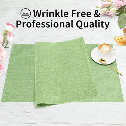 Cloth Placemats, Set of 4 Heat-Resistant Cotton Linen Blend Double Layered Machine Washable Place Mats, Wrinkle Free Thick Fabric Dining Table Mats for Indoors & Outdoors (Grass Green, 4)