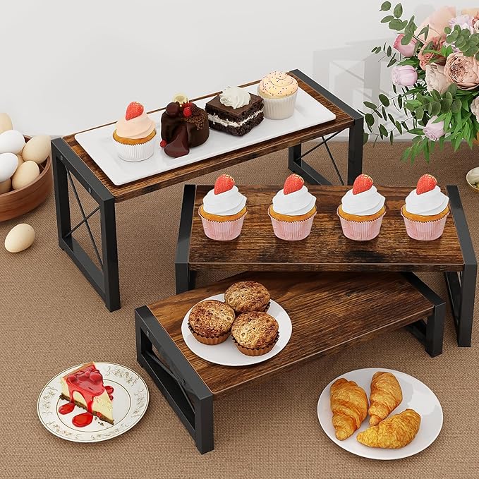 ELITEROO 3 Tier Cupcake Stand & Wood Display Risers, Dessert Stands for Cup Cake or Food, Riser Display Stand for Perfume Collectibles, Tiered Shelf Organizer for Market Retail Vendors, Rustic Brown