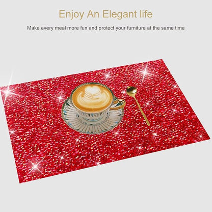 Red Sparkly Rhinestone Decor Square Placemats - Heat Resistant Mat Set of 2