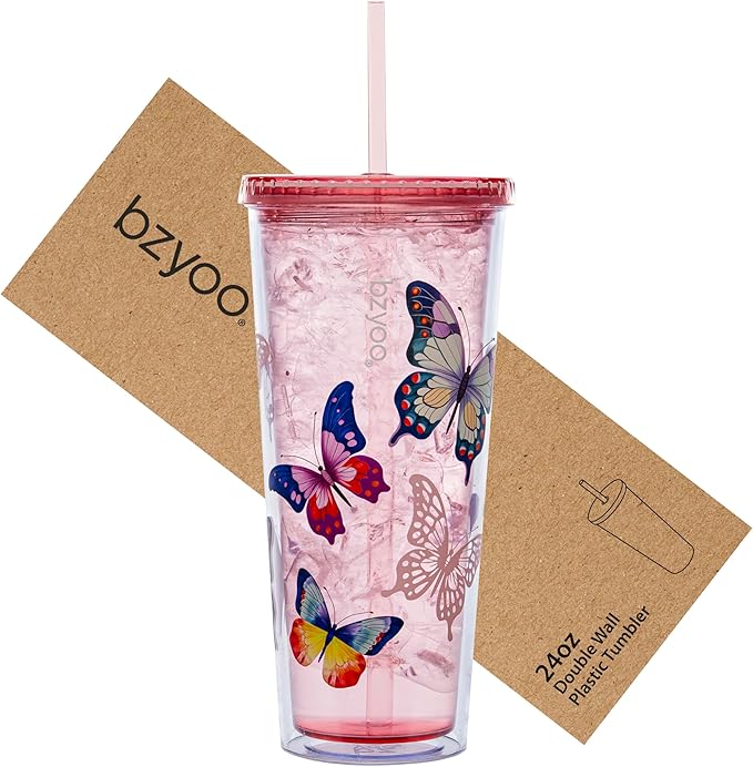 bzyoo 24oz Plastic Tumbler Cup, Lid & Straw, Iced Coffee, dishwasher safe by bzyoo