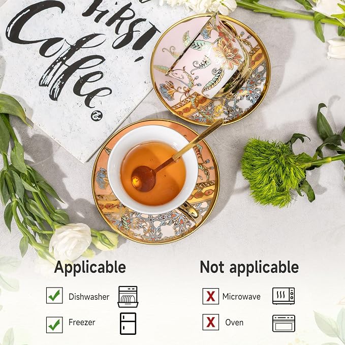 Tea Cups and Saucers Set of 8, 8 OZ Floral Tea Cup - Image 4