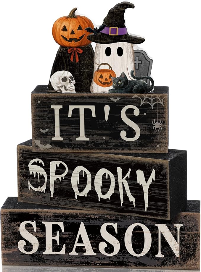 Moucuny 4 Pcs Halloween Table Decoration Pumpkin Ghost Wooden Stacked Block by Moucuny