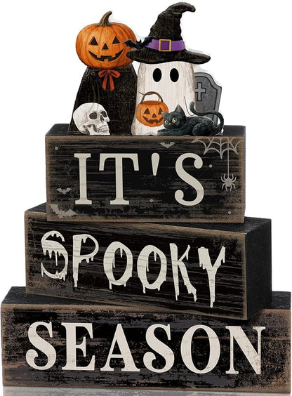 Moucuny 4 Pcs Halloween Table Decoration Pumpkin Ghost Wooden Stacked Block by Moucuny