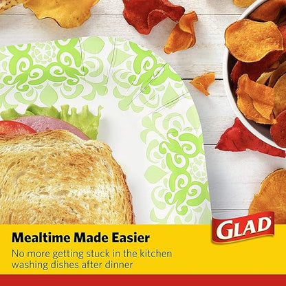 Glad Square Disposable Paper Plates, Green Victorian Pattern - Strong, Sturdy, Soak Proof, and Microwavable Decorative Plates for Dinner and Everyday Use, 10 Inch, 50 Count - 6 Pack