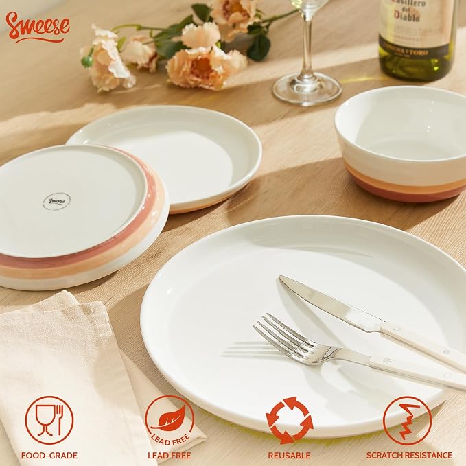 Sweese Plates and Bowls Sets, 18 Pieces Modern Porcelain Dinnerware Set - Image 3