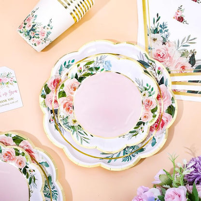 Whaline 100Pcs Pink Floral Paper Tableware Set Spring Flower Gold Foil - Image 3