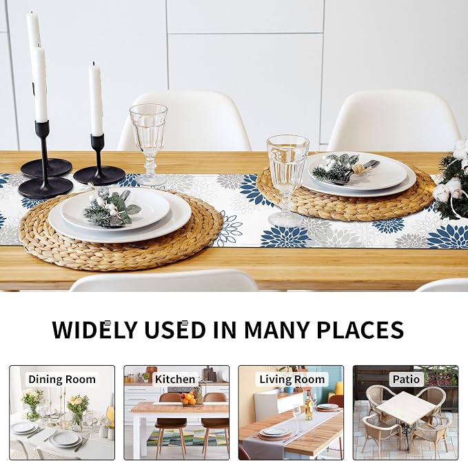Dahlia Flower Table Runner 13x36 Inch Farmhouse Blue Gray Runners Modern Table - Image 3