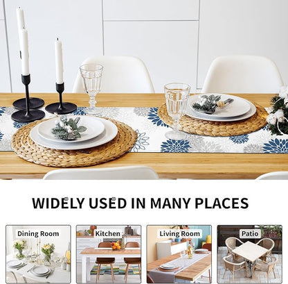 Dahlia Flower Table Runner 13x71 Inch Farmhouse Blue Gray Runners Modern Table - Image 3