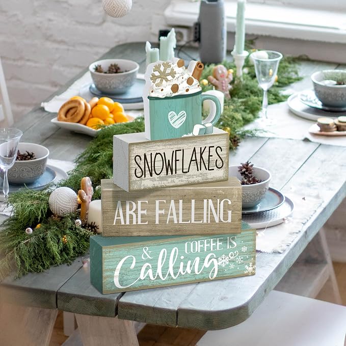 Moucuny 4 Pcs Winter Table Decor Wooden Milk Cocoa Decoration Winter Tiered - Image 5