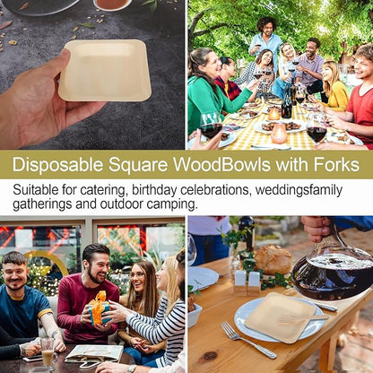 100 Pcs Disposable Palm Leaf Bowls, Square Bamboo Appetizer Plates, Compostable Wood Plates with Bamboo Forks for Birthday Wedding Party, Dessert, Catering and Home Use (4.4 x 4.4x0.5 Inch)