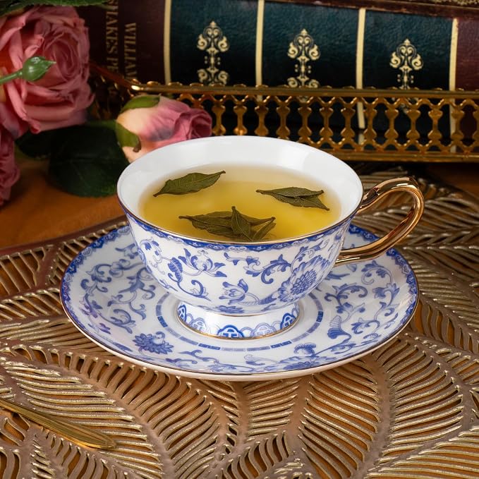 KAMMAK Tea Cups and Saucers Set of 2, Porcelain Coffee Cups, JBE023 | Stackable - Image 3