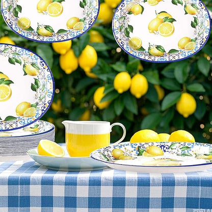Grencian 50 Pcs Capri Lemon Oval Paper Plates 10"x12" Large Blue Tiles Yellow Lemon Plates Disposable 400 GSM Heavy Duty Capri Lemon Party Supplies for Summer Citrus Fruit Lemon Birthday Party Decor