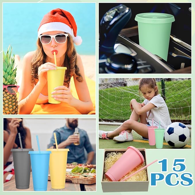 Bokon 15 Sets Tumbler with Straw and Lid Bulk 24 oz Reusable Plastic Cups to Go - Image 5