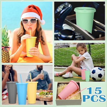 Bokon 15 Sets Tumbler with Straw and Lid Bulk 24 oz Reusable Plastic Cups to Go - Image 5