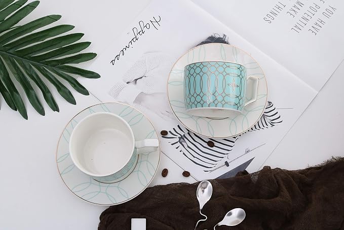 Jusalpha Porcelain Mint Green Tea Cup and Saucer Set and Spoon | Modern elegant - Image 3