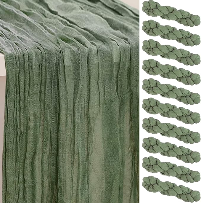 10 Pack Sage Green Cheesecloth Table Runner 35x120 Inch 10Ft Rustic Gauze by SuBleer